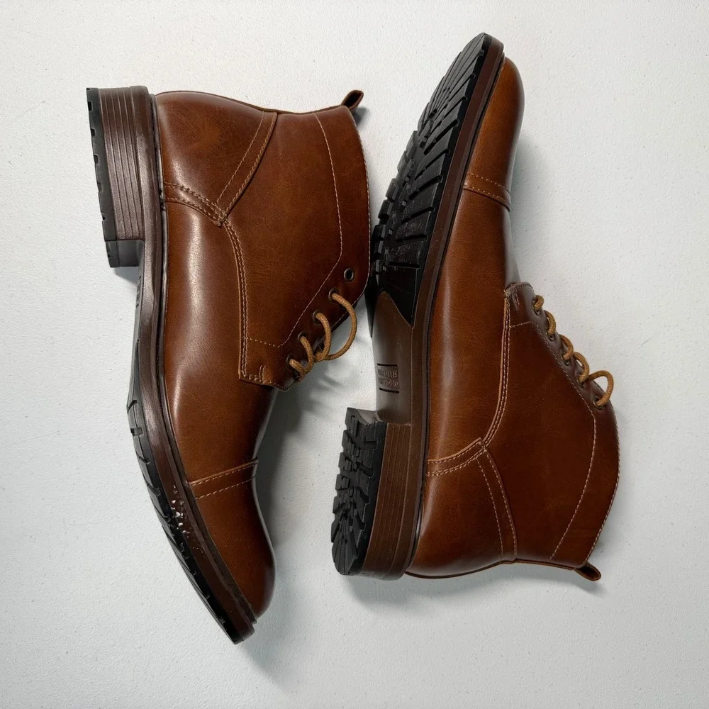 Perry Ellis Men Manning Cap Toe Boot Faux Leather Lace Up Cognac Brown Dressy